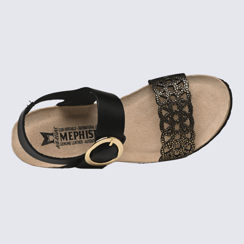 Sandales Mephisto, Sandales tendance compensées femme en cuir noir et or