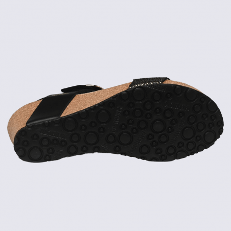 Sandales Mephisto, Sandales tendance compensées femme en cuir noir et or Sandales Mephisto, Sandales tendance compensées femme en cuir noir et or