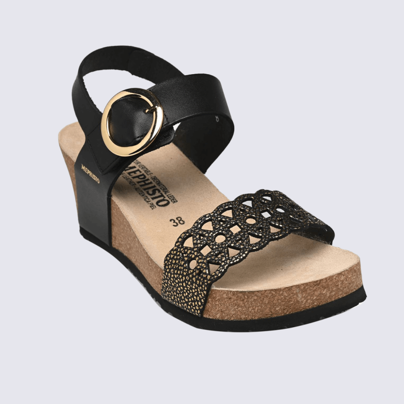 Sandales Mephisto, Sandales tendance compensées femme en cuir noir et or