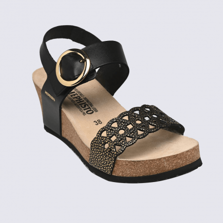 Sandales Mephisto, Sandales tendance compensées femme en cuir noir et or Sandales Mephisto, Sandales tendance compensées femme en cuir noir et or