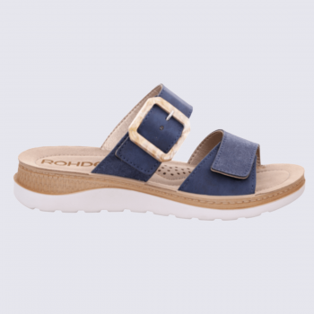 Mules Rohde, Mules brides ajustables femme en cuir velours bleu océan