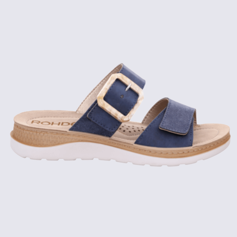 Mules Rohde, Mules brides ajustables femme en cuir velours bleu océan