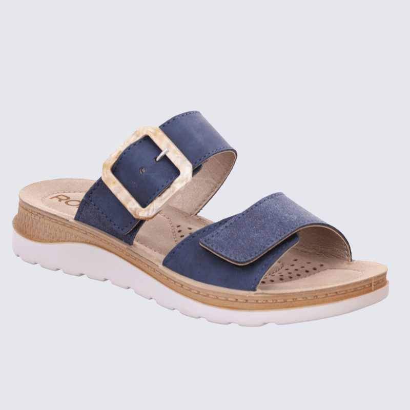 Mules Rohde, Mules brides ajustables femme en cuir velours bleu océan