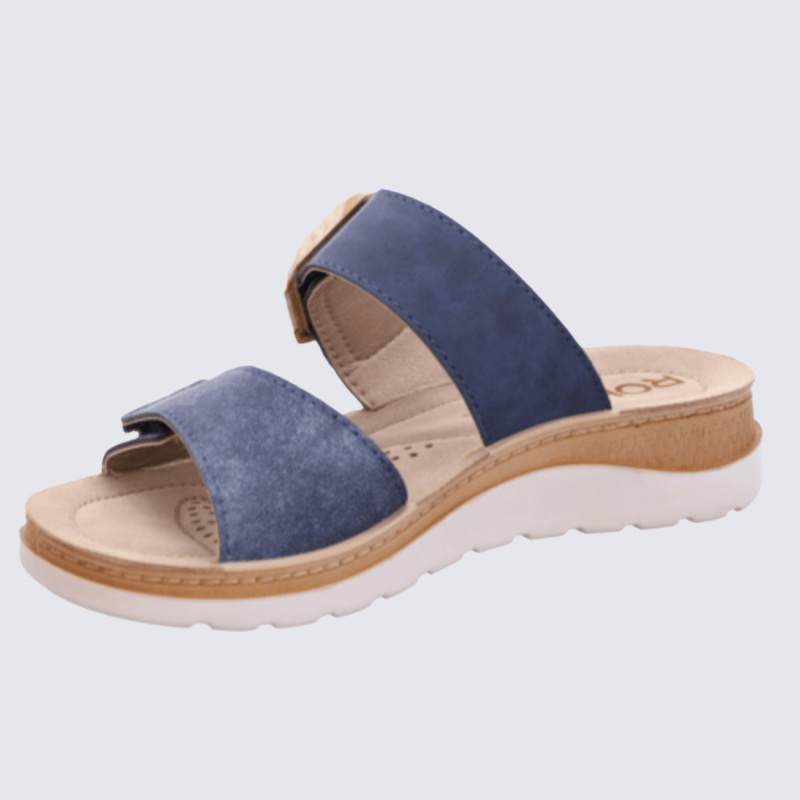 Mules Rohde, Mules brides ajustables femme en cuir velours bleu océan