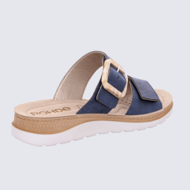 Mules Rohde, Mules brides ajustables femme en cuir velours bleu océan