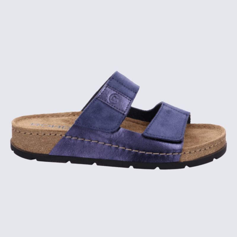 Mules Rohde, Mules chic et confort brides croisées femme en cuir velours bleu océan