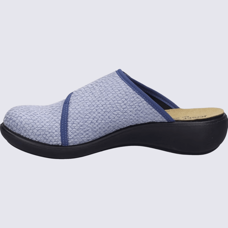 Mules Josef Seibel, mules confort et chic femme en textile bleu glacée