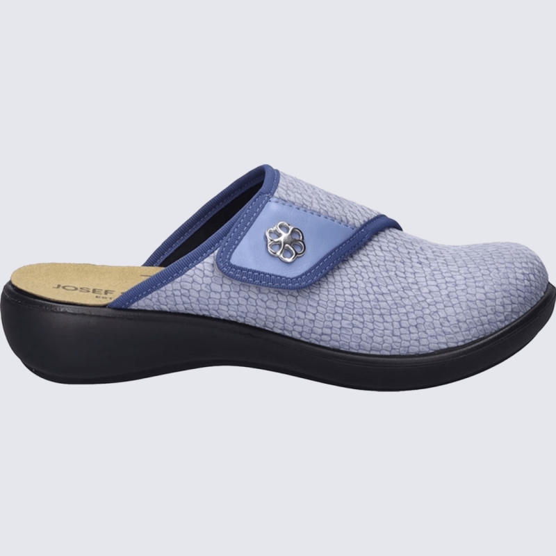 Mules Josef Seibel, mules confort et chic femme en textile bleu glacée