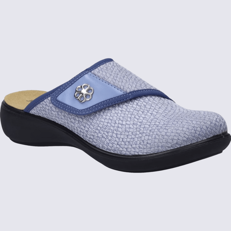 Mules Josef Seibel, mules confort et chic femme en textile bleu glacée