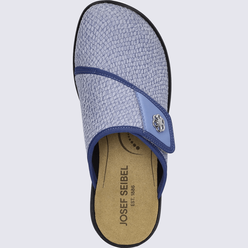 Mules Josef Seibel, mules confort et chic femme en textile bleu glacée