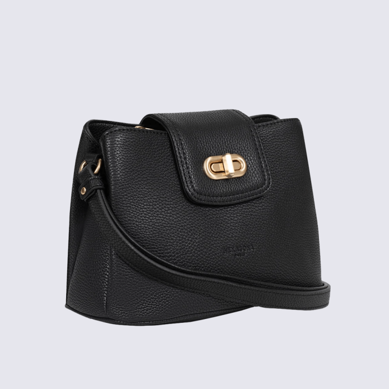 Sac bandoulière Hexagona, Sac bandoulière minutieux et sobre femme en cuir de vachette noir