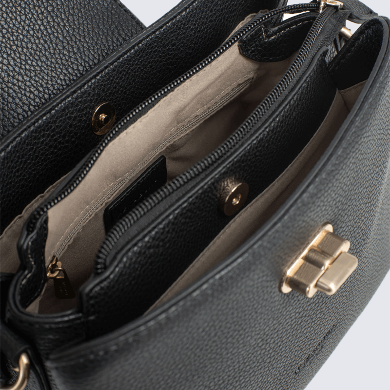 Sac bandoulière Hexagona, Sac bandoulière minutieux et sobre femme en cuir de vachette noir