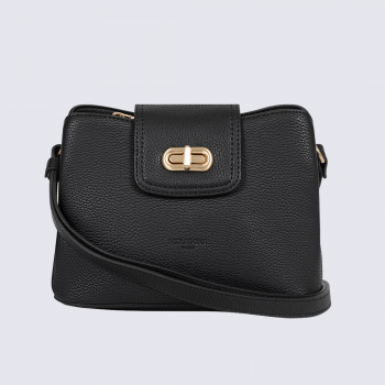 Sac bandoulière Hexagona, Sac bandoulière minutieux et sobre femme en cuir de vachette noir