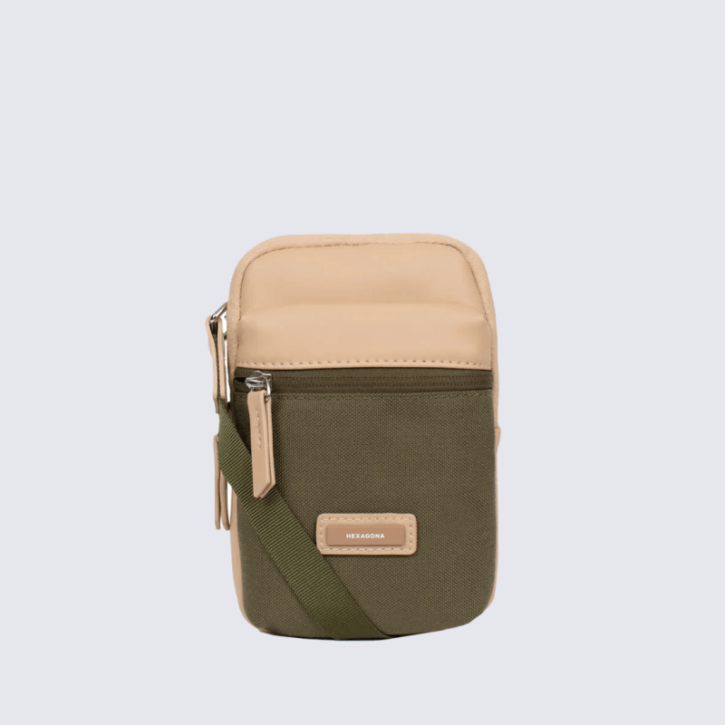 Pochette Hexagona, Pochette à bandoulière moderne et pratique femme en textile kaki sable