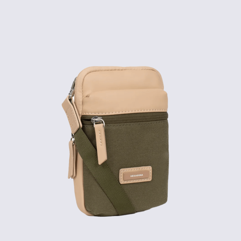 Pochette Hexagona, Pochette à bandoulière moderne et pratique femme en textile kaki sable