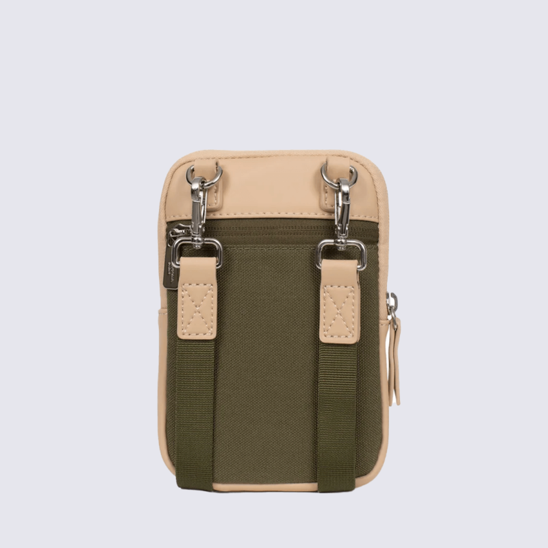 Pochette Hexagona, Pochette à bandoulière moderne et pratique femme en textile kaki sable