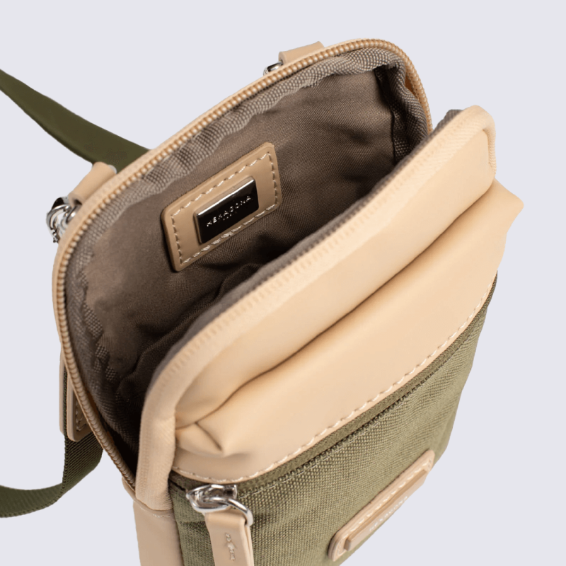 Pochette Hexagona, Pochette à bandoulière moderne et pratique femme en textile kaki sable