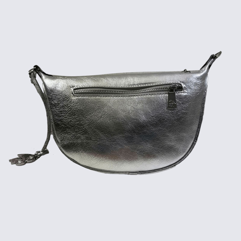 Sac à bandoulière Charlotte, sac à main pochette demi-lune en cuir métallisé Argent