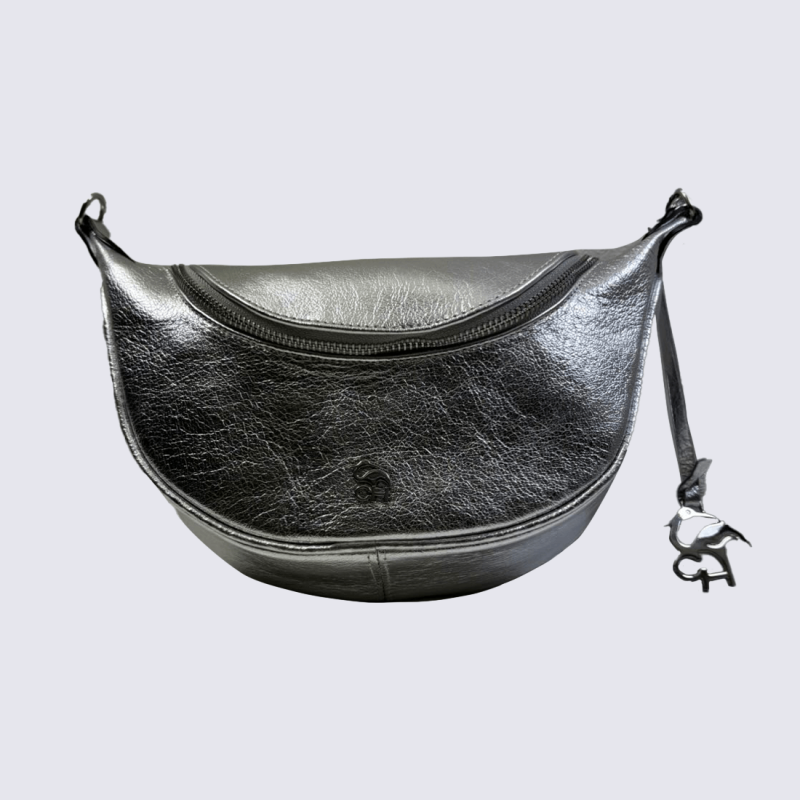 Sac à bandoulière Charlotte, sac à main pochette demi-lune en cuir métallisé Argent
