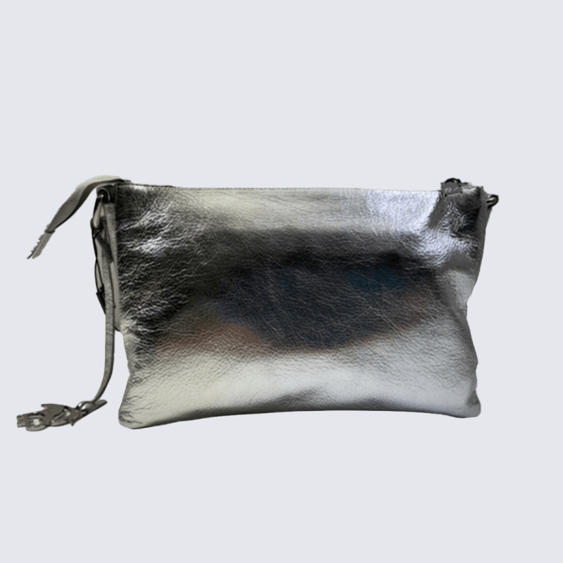 Sac à bandoulière Charlotte, sac à main triple compartiment en cuir métallisé Argent