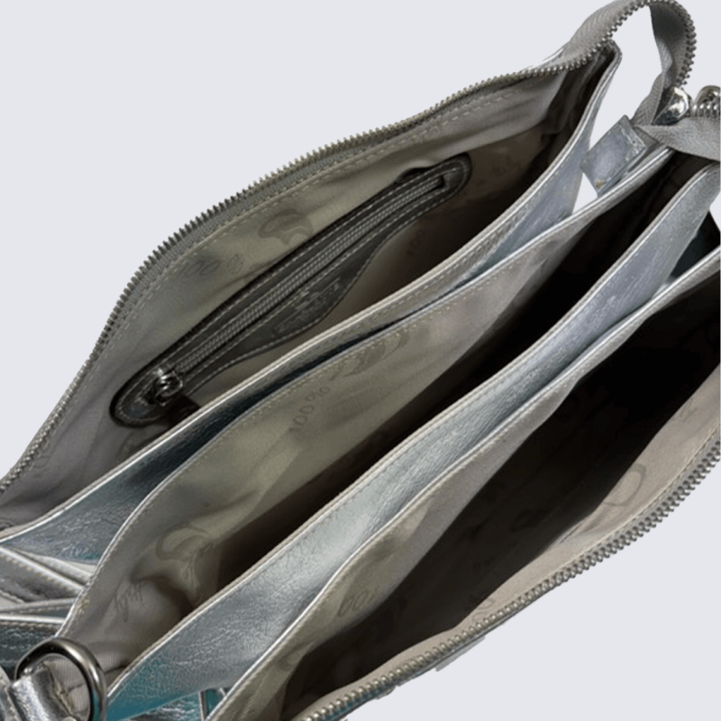 Sac à bandoulière Charlotte, sac à main triple compartiment en cuir métallisé Argent