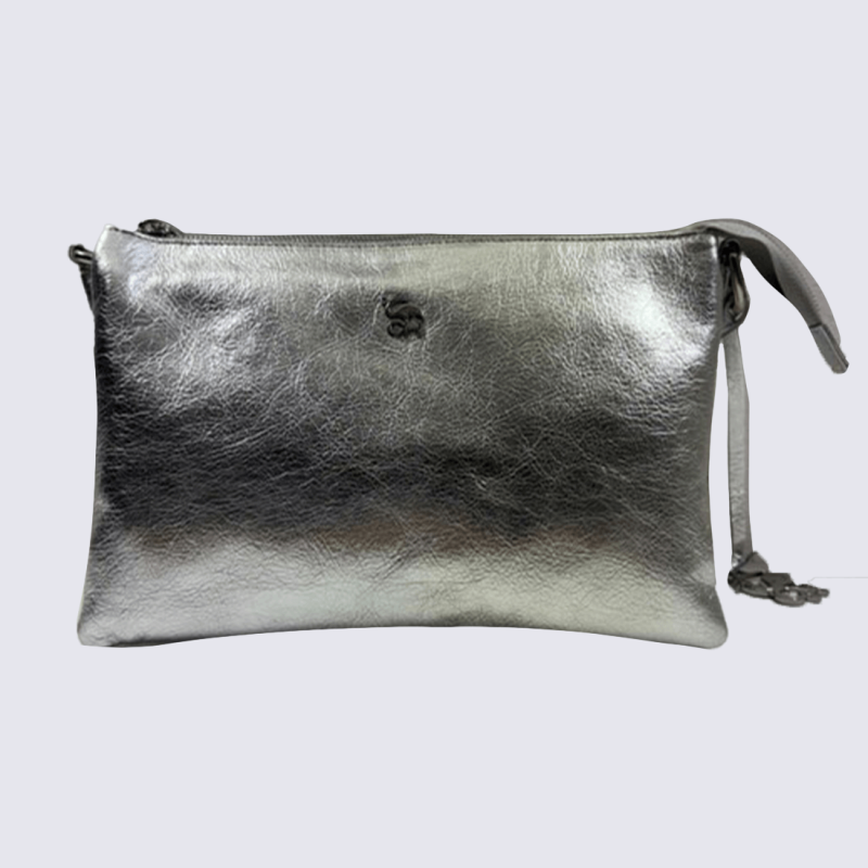 Sac à bandoulière Charlotte, sac à main triple compartiment en cuir métallisé Argent