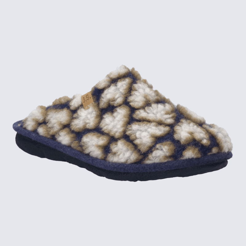 Pantoufles Josef Seibel, Pantoufles cocooning confortables motif coeur femme en laine bouclée beige