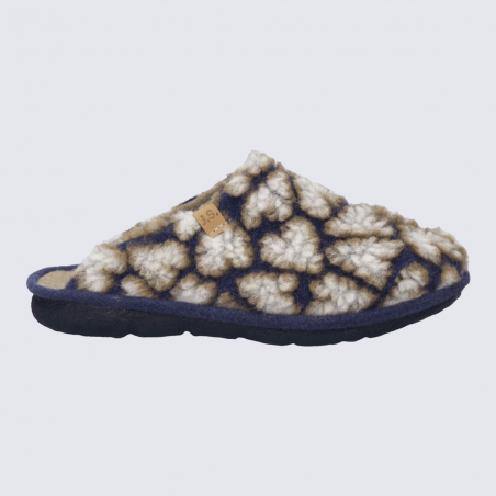 Pantoufles Josef Seibel, Pantoufles cocooning confortables motif coeur femme en laine bouclée beige