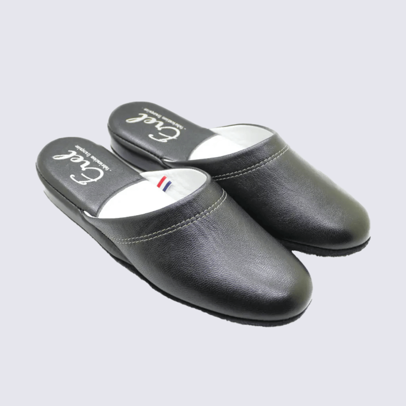 Mules Erel, Mules confort chaussons d’intérieur femme en cuir noir