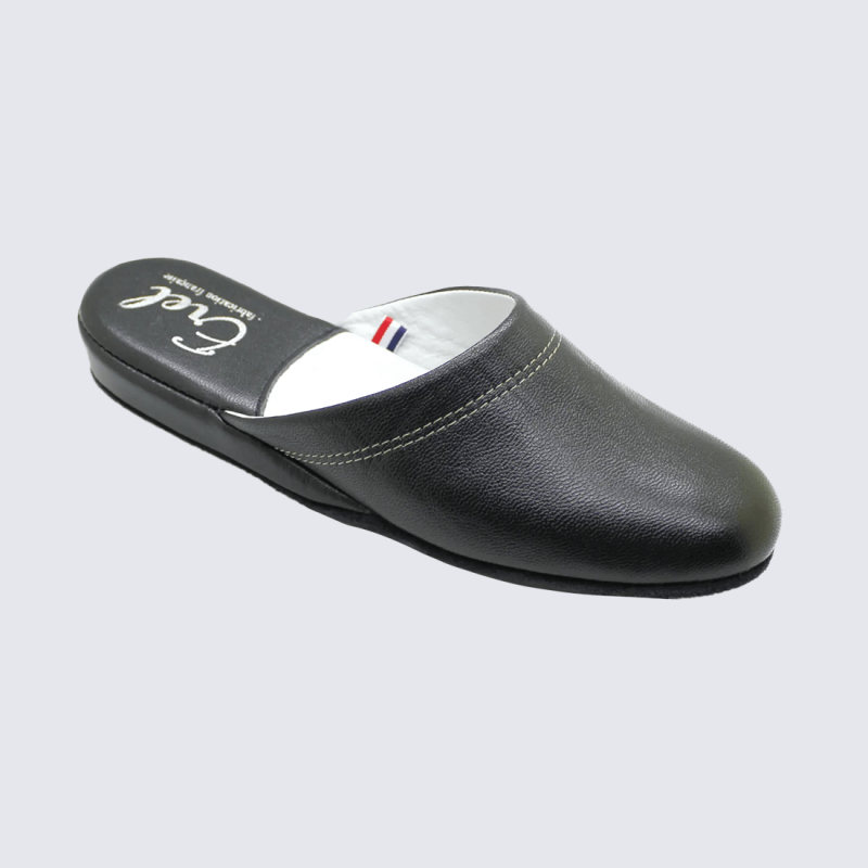 Mules Erel, Mules confort chaussons d’intérieur femme en cuir noir