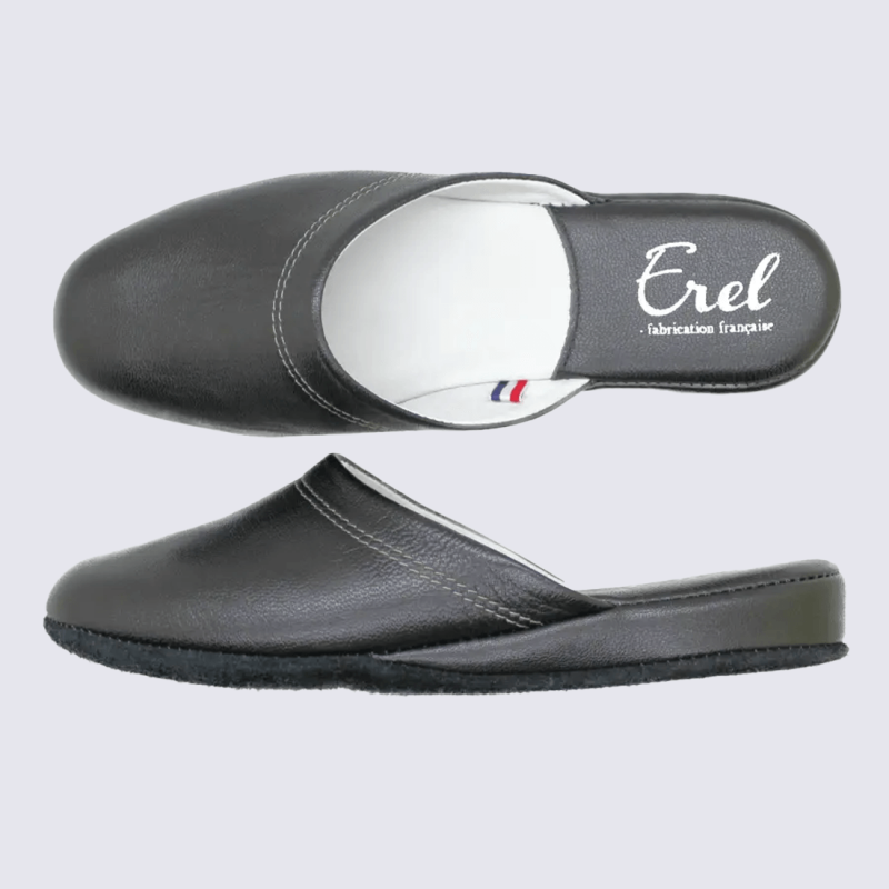 Mules Erel, Mules confort chaussons d’intérieur femme en cuir noir