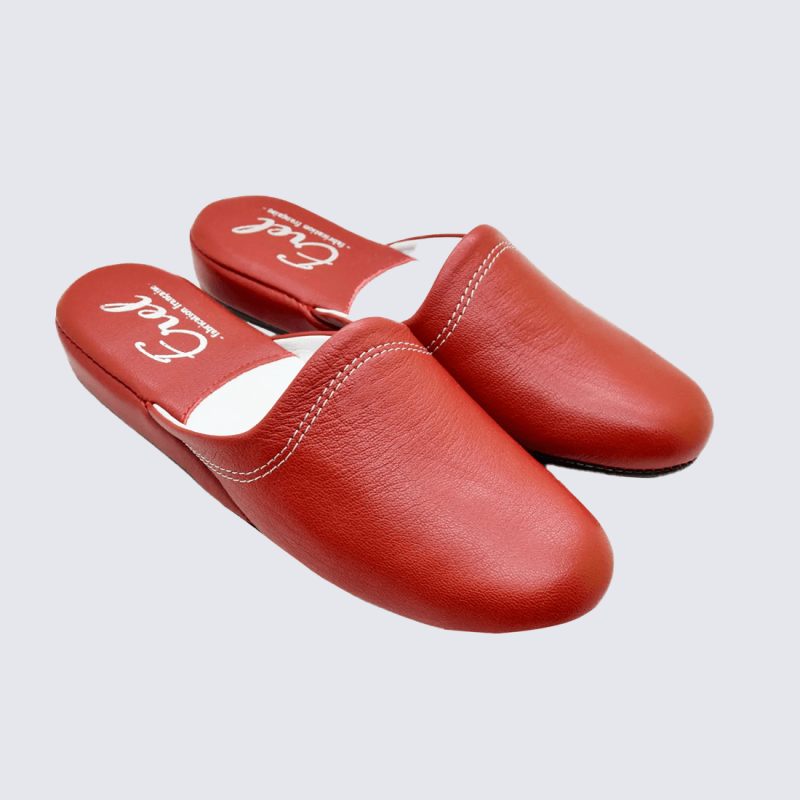 Mules Erel, Mules moderne d’intérieur femme en cuir rouge