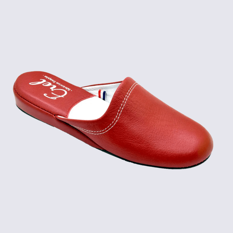 Mules Erel, Mules moderne d’intérieur femme en cuir rouge
