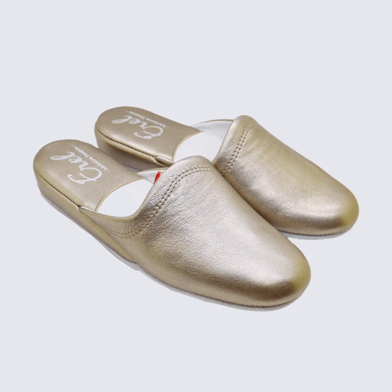 Mules Erel, Mules chaussons d’intérieur femme en cuir bronze