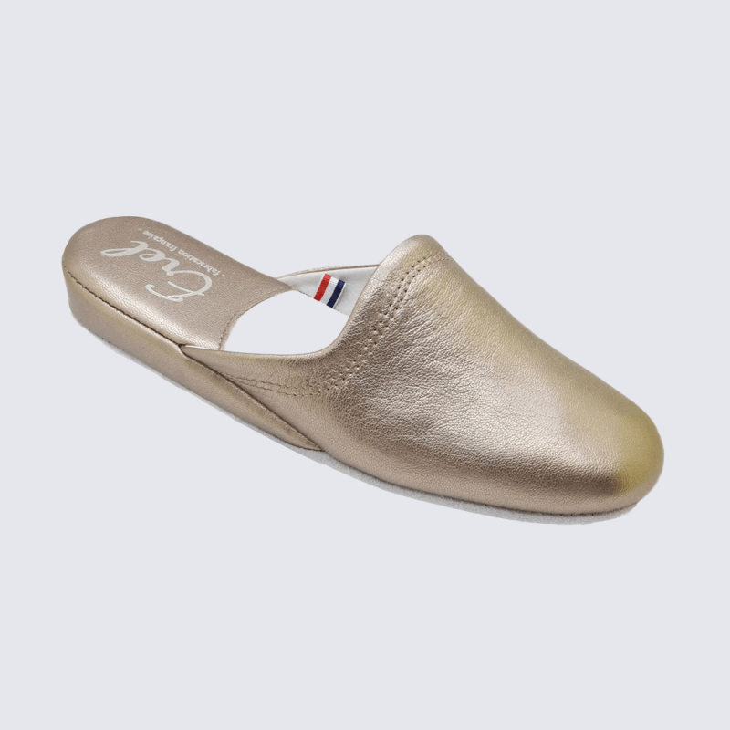 Mules Erel, Mules chaussons d’intérieur femme en cuir bronze