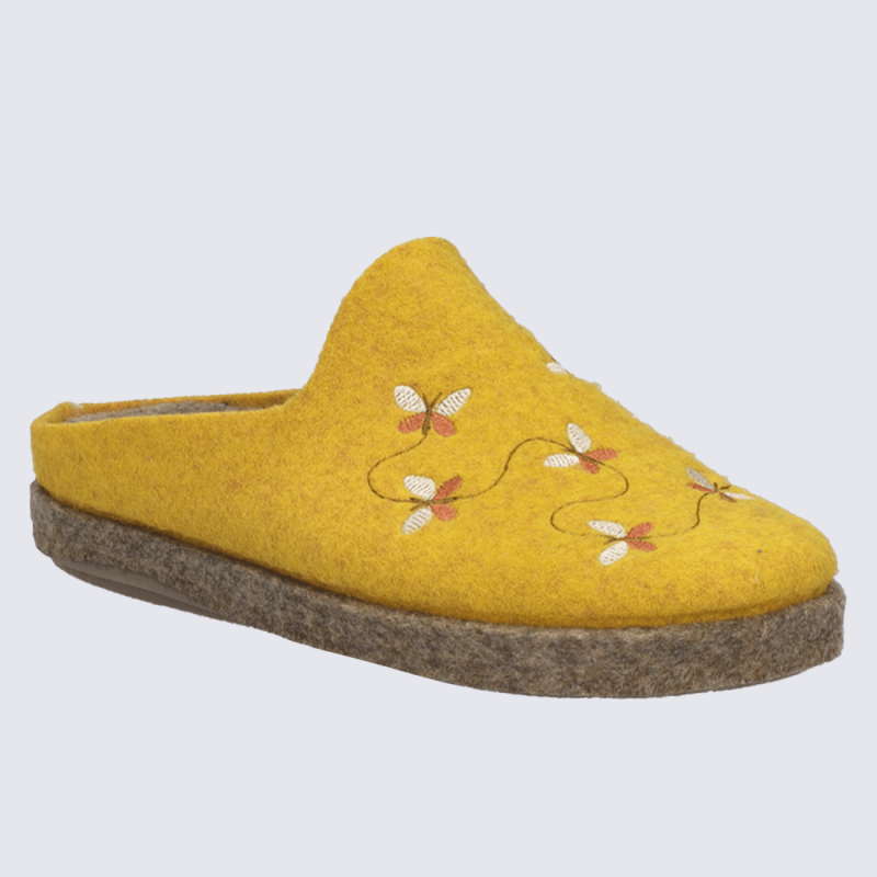 Chaussons Josef Seibel, Chaussons brodés femme en feutre jaune