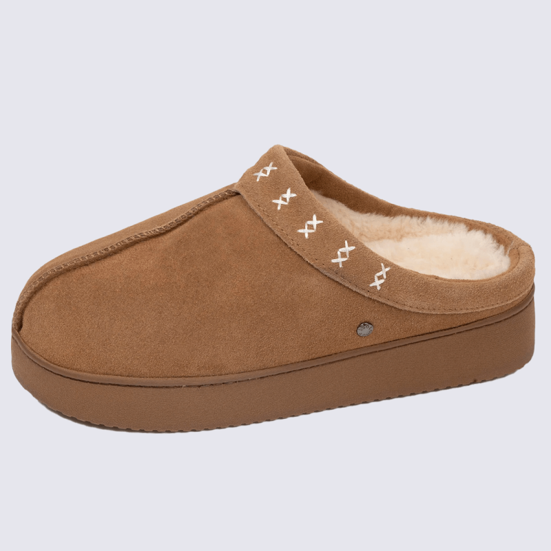 Mules Isotoner, Mules chaussons d’intérieur chaud femme en cuir camel