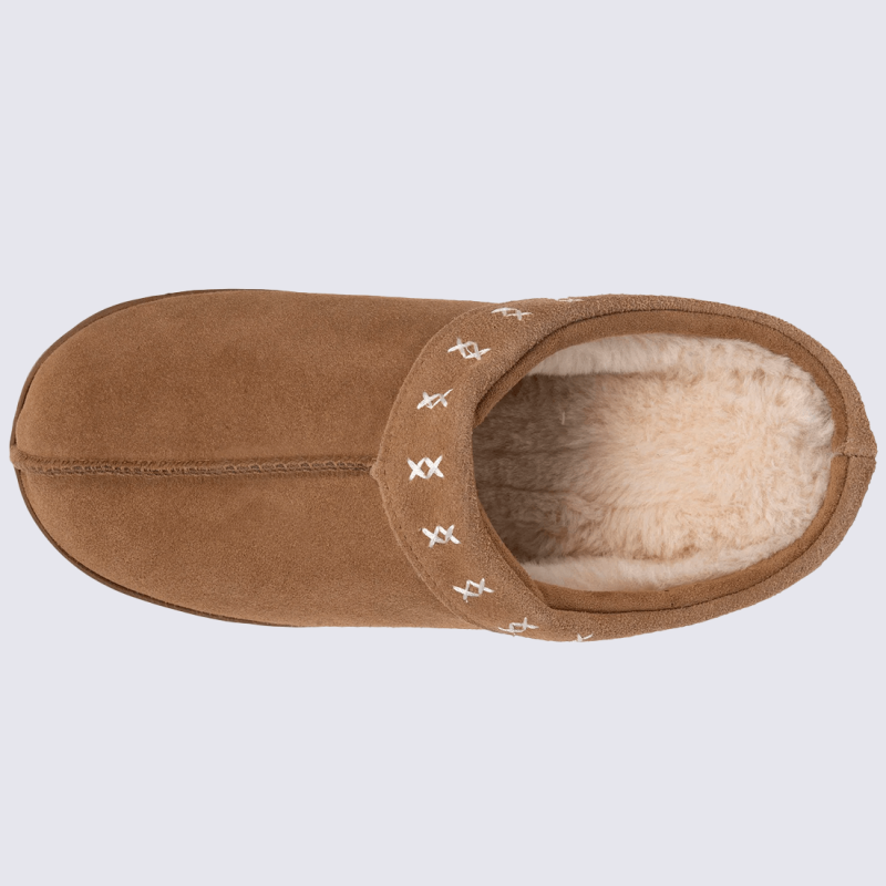 Mules Isotoner, Mules chaussons d’intérieur chaud femme en cuir camel