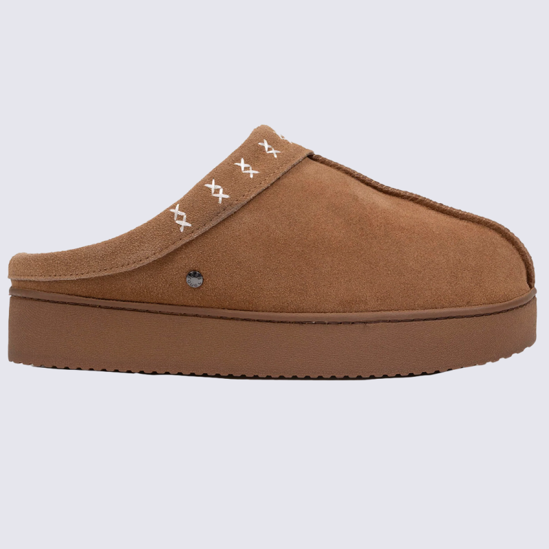 Mules Isotoner, Mules chaussons d’intérieur chaud femme en cuir camel