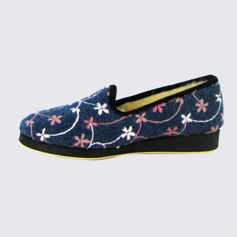 Chaussons Semelflex, pantoufles femme en laine feutrée bleue à motifs floraux