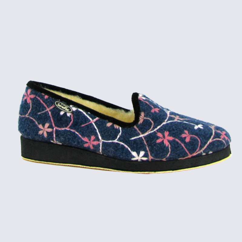 Chaussons Semelflex, pantoufles femme en laine feutrée bleue à motifs floraux