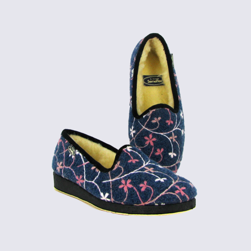 Chaussons Semelflex, pantoufles femme en laine feutrée bleue à motifs floraux