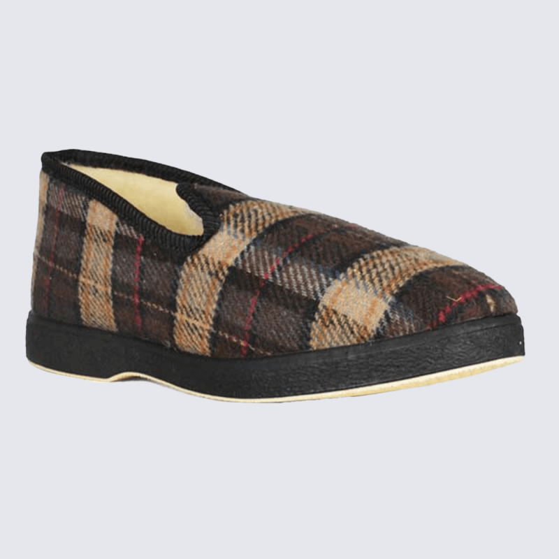 Chaussons Semelflex, Chaussons confort homme en laine à carreaux marron