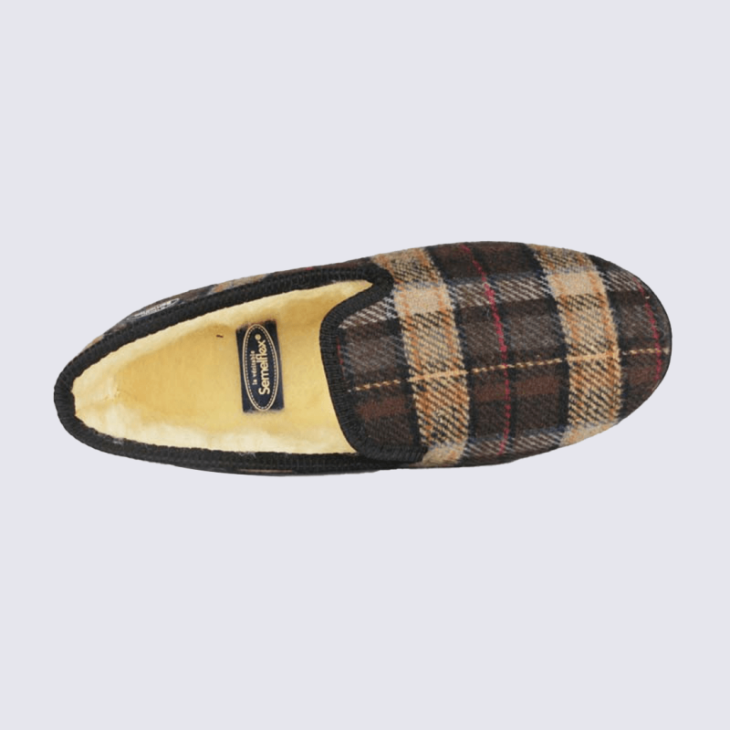Chaussons Semelflex, Chaussons confort homme en laine à carreaux marron