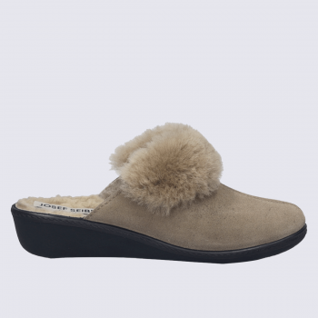 Mules Josef Seibel, mules femme en cuir suédé beige à fourrure d’agneau