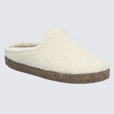 Chaussons Josef Seibel, mules femme en textile bouclette blanc