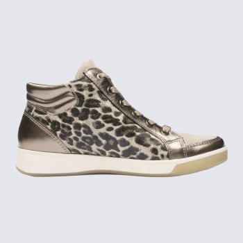 Bottines Ara, Bottines bien-être décontracté femme en cuir beige imprimé léopard