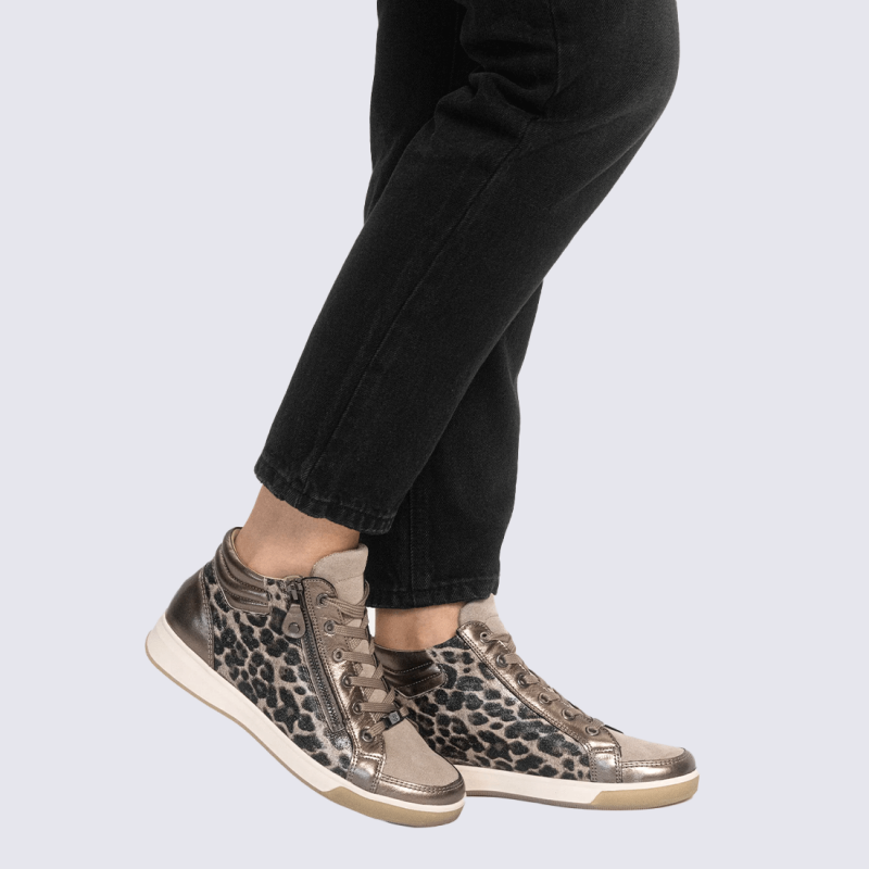 Bottines Ara, Bottines bien-être décontracté femme en cuir beige imprimé léopard