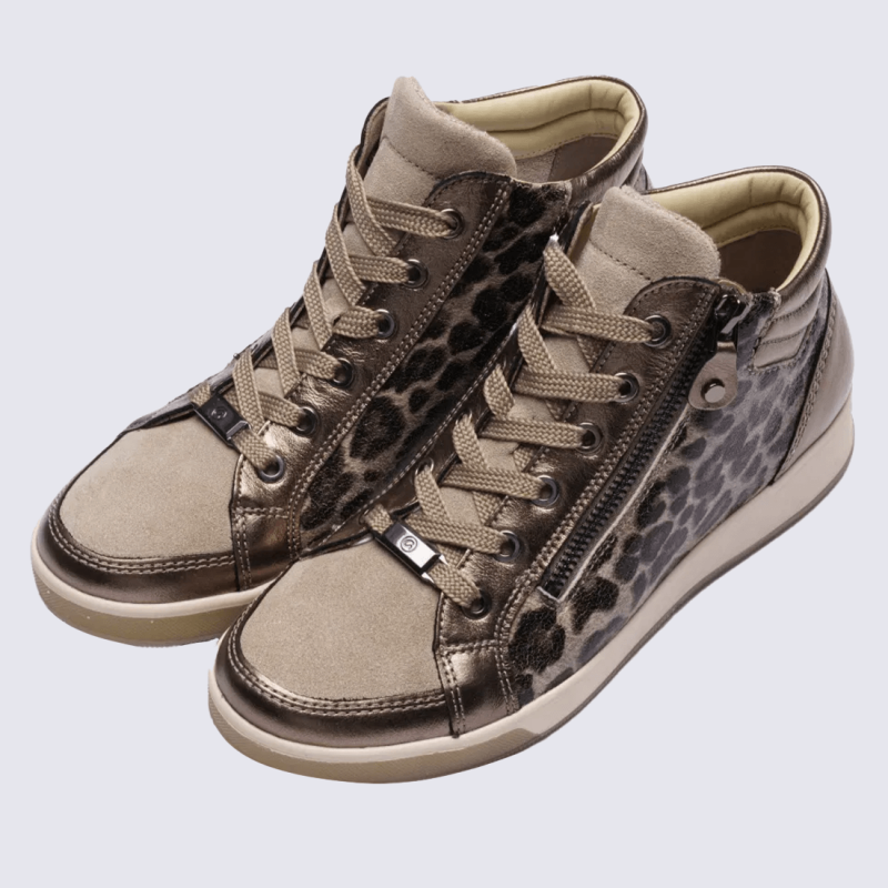 Bottines Ara, Bottines bien-être décontracté femme en cuir beige imprimé léopard