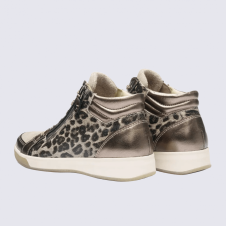 Bottines Ara, Bottines bien-être décontracté femme en cuir beige imprimé léopard